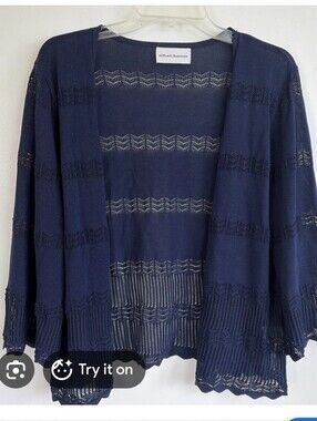 Alfred Dunner Pointelle  Open-Front Knit Cardigan Sweater Navy Blue Small